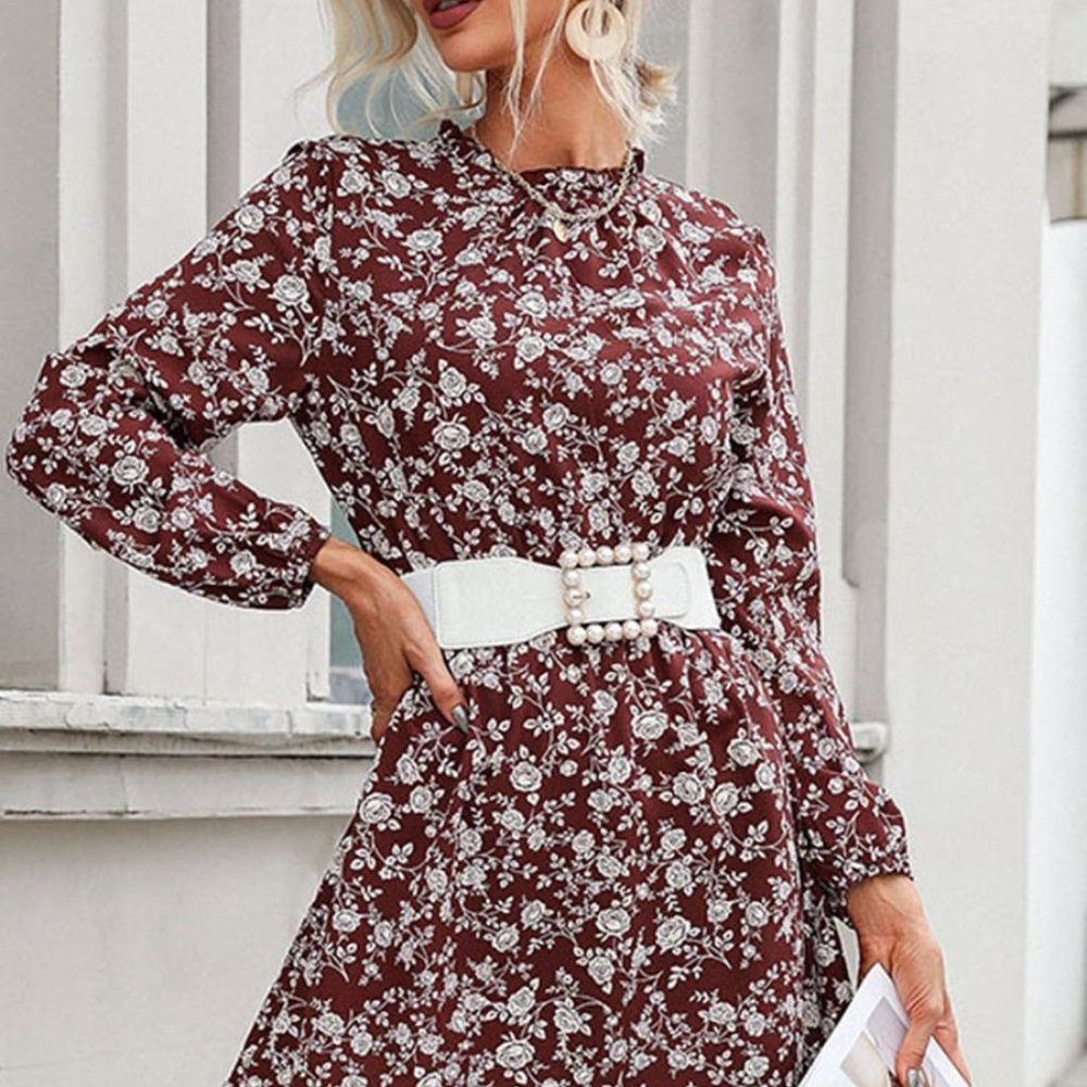 Floral Tie-Waist Mini Dress in Brown XL - Picture 5 of 5